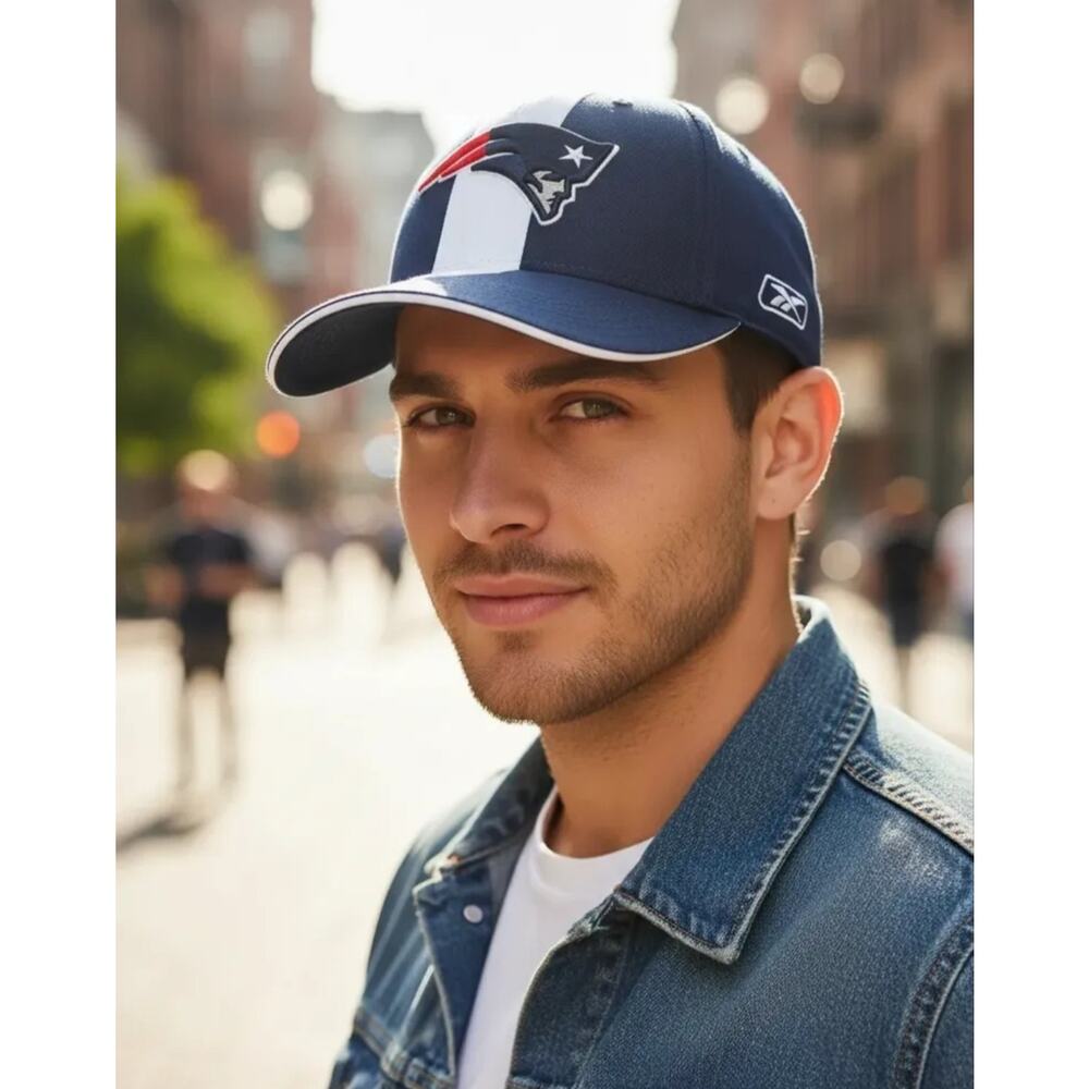 VTG New England Patriots Mens Hat One Size Flex Blue White Cap Reebok NFL